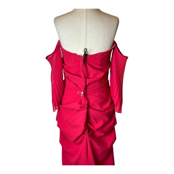 Nicole Miller Dress Women 10 Red Crepe Off Shoulder Pleated Sleeve Ruched Gown - Picture 5 of 13